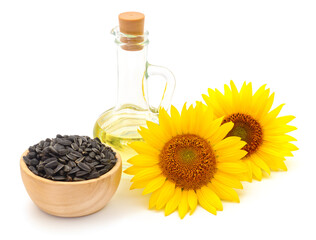 Sunflower oil, seeds and flowers.