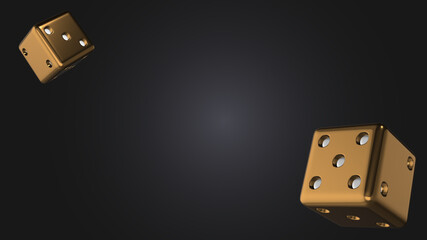 Golden dice fly on abstract dark space animation