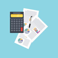 Pen, plan paper and calculator. Business planning design concepts. vector illustration in flat design style