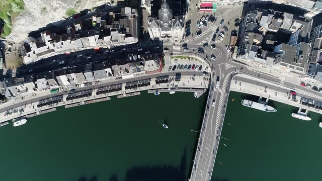 Aerial top down view of cathedral and fortress in Dinant is Walloon city and municipality located on River Meuse in the Belgian province of Namur in the Ardennes it is a popular tourist destination 4k