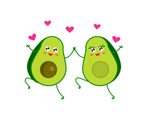 Enamored avocado and hearts on a white background. Cartoon. Vector illustration.