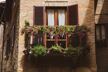 Fototapeta na wymiar Window with flowers in Pienza - Italy