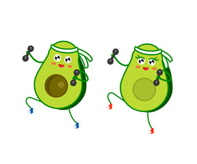 Two halves of an avocado go in for sports on a white background. Cartoon. Vector illustration.