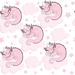 Cute pink dragon is sleeping on a cloud and pink stars on a white background seamless pattern