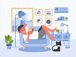 boy reading book while laying down on the couch in the living room vector illustration