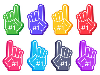 Fan foam fingers. Color sports glove with number one, stadium supporter pride accessory, american football cute souvenir vector set. Illustration foam finger for fan sport, supporter accessory