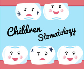 Children dentistry, a Concept for a banner or advertising poster. A truly healthy teeth and a sad tooth decay.