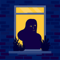 Night window with silhouette vector illustration cartoon flat design modern style 