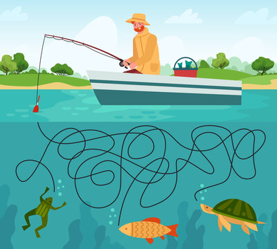 Fishing maze game. Funny fisherman with fishing rod in boat and fishes, educational game labyrinth for children, cartoon vector illustration. Game labyrinth educational, funny maze fisherman