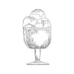 Ice cream sketch. Isolated vector ice cream scoops in glass bowl, eskimo pie in chocolate glaze, sundae in wafer cone, frozen fruit ice for cafeteria, restaurant menu