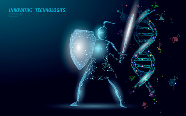 Gene therapy DNA 3D chemical molecule structure low poly. Polygonal triangle point line healthy cell part. Innovation blue medicine genome engineering vector illustration future business technology