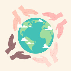 Save the planet card with hands vector illustration cartoon flat design modern style 