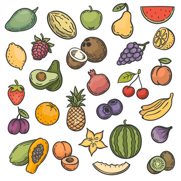 Sketch fruits. Hand drawn color fruits apple, orange and lemon, banana and kiwi, cherry and berries vegan natural food doodle vector set. Apple and banana, pineapple and orange sketch illustration