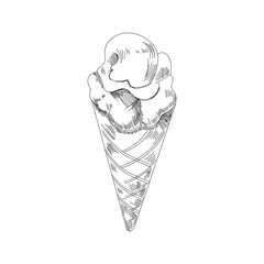 Ice cream sketch. Isolated vector ice cream scoops in glass bowl, eskimo pie in chocolate glaze, sundae in wafer cone, frozen fruit ice for cafeteria, restaurant menu