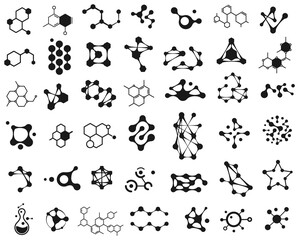 Connected molecules icons. Molecular structure logo. Connection science molecule, chemistry atom, chemical abstract molecular structure illustration - obrazy, fototapety, plakaty