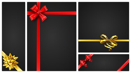 Gift voucher, banner template with golden and red bows. Vector banner and voucher with colored bow, invitation and present poster