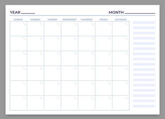 Monthly planner template. Vector month and week plan, calendar daily, time weekly stationery print to work illustration - obrazy, fototapety, plakaty