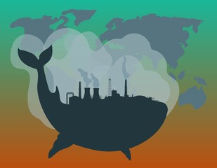 Silhouette of a whale with industrial buildings on its back against the backdrop of the globe. Ecological emissions, pollution concept.