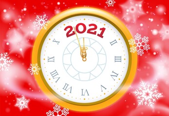 Fototapeta na wymiar New 2021 Year snow poster. Vector clock face, happy 2021 holiday, design greeting card with snow and clock dial illustration