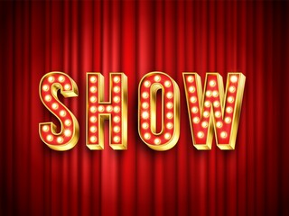 Theater show label. Red curtain for stage, drapery theater for show action, vector illustration. Entertainment and performance scene
