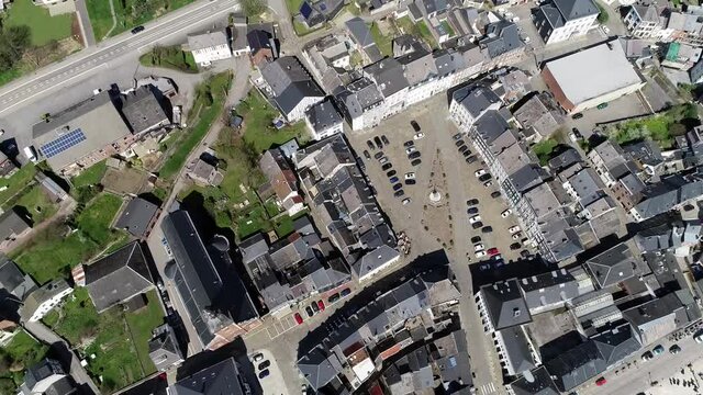 Aerial view of Stavelot Place Saint Remacle it is a Walloon municipality in the Belgian province of Liege the town grew up around the Abbey founded ca 650 out of what had been a villa by St. Remaclus