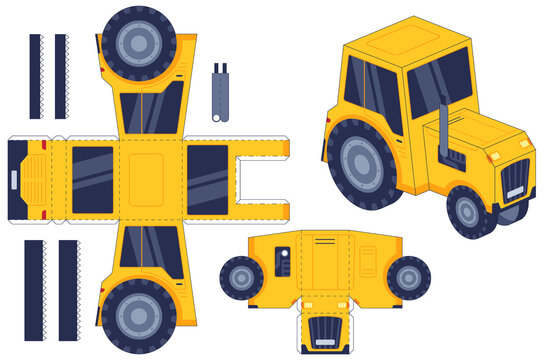 Tractor Paper Cut Toy. Farm Agricultural Machine. Paper, Glue Kids Activity Game Worksheet. Tractor 3d Printable Model Handmade Vector Set. Kindergarten Jigsaw, Education Puzzle Cardboard Illustration