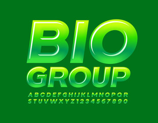 Vector green emblem Bio Group. Glossy stylish Font. Modern set of Alphabet Letters and Numbers