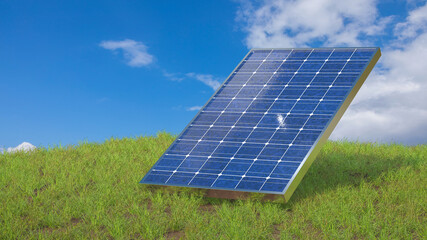 Photovoltaik-Solarmodul auf einer Wiese im Hintergrund blauer Himmel mit Wolken