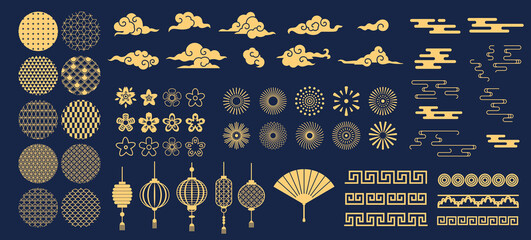 Fototapeta Chinese elements. Asian new year gold decorative patterns and lanterns, flowers, clouds and ornaments traditional oriental style vector set. Asian chinese oriental elements to holiday illustration obraz
