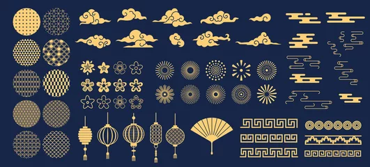 Foto op Canvas Chinese elements. Asian new year gold decorative patterns and lanterns, flowers, clouds and ornaments traditional oriental style vector set. Asian chinese oriental elements to holiday illustration © Tartila
