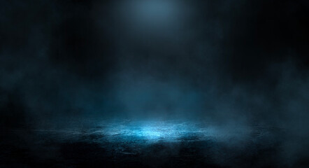 Dark night landscape, light reflection in the water. Fog, smoke, smog. Empty futuristic landscape.