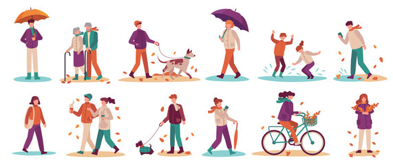 Fototapeta na wymiar People in fall season. Men and women walk street, ride bicycle, walking dog. Young and adults umbrella in autumn park vector set. Illustration woman and man in autumn weather with dog and umbrella