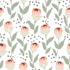 Rosie flower stems seamless vector pattern. Painted flower like a rose in pinks with green leaves on white. Pastel floral repeat. Great for home decor, fabric, wallpaper, stationery, design projects.
