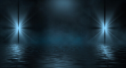 Dark night landscape, light reflection in the water. Fog, smoke, smog. Empty futuristic landscape.