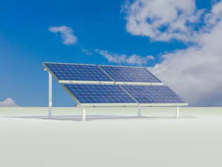 mehrere Photovoltaik-Solarmodule auf weißer Fläche im Hintergrund ein blauer Himmel