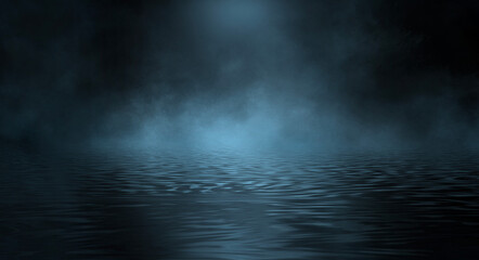 Dark night landscape, light reflection in the water. Fog, smoke, smog. Empty futuristic landscape.