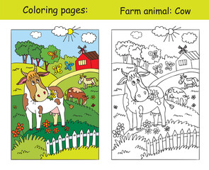 Naklejka premium Vector coloring and color for children Cow