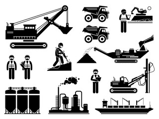 Mining quarry site workers and heavy machinery icons set. Vector illustrations of engineers, excavator, dump truck, mine plant infrastructure. - obrazy, fototapety, plakaty