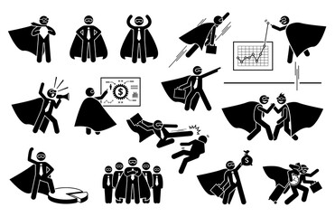 Super businessman icon set. Vector illustrations of superhero business worker having success in the company.