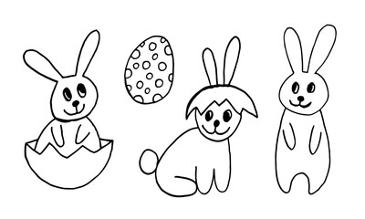 Cute Easter bunnies. Hand drawn vector illustration in doodle style. Festive characters with egg shell. Line art drawing