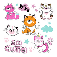 Beautiful collection of cats on a white background for children. Kawaii birthday style. Vector illustration flat style