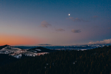 Morning in the mountains. Carpathian Ukraine, Aerial view.