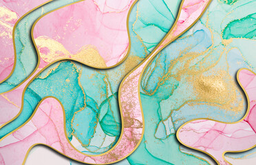 Alcohol ink green and pink abstract background with golden layers. Ocean style watercolor texture.