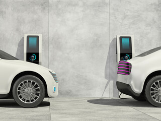 Two cars in an electric vehicles parking lot are charging batteries. 3d render.