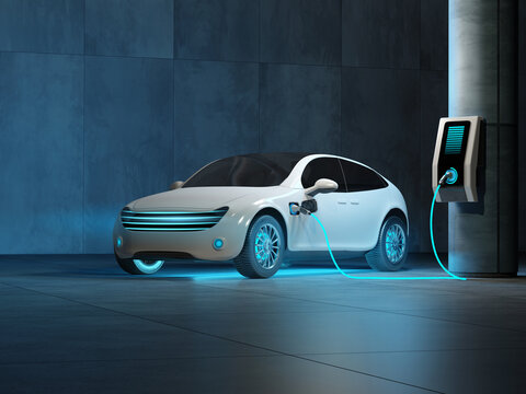 A futuristic electric car is connected to a charging station in the underground parking of the business center. 3d render.