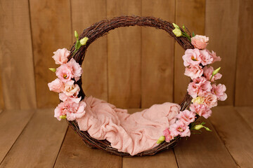 Newborn Digital Background Spring flowers Basket Prop for Newborn. For boys and girls. Wood back....