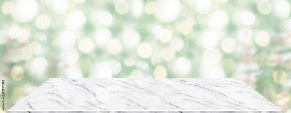 Aufkleber perspective marble table with blur christmas tree decorate string light .panoramic banner mockup for