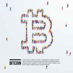 Bitcoin Sign. Large group of people form to create bitcoin sign. Vector illustration.