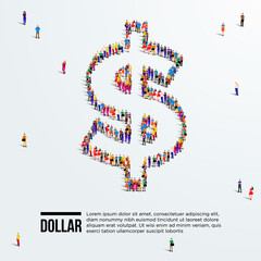 Dollar Sign. Large group of people form to create US dollar sign. Vector illustration. Currency of America.