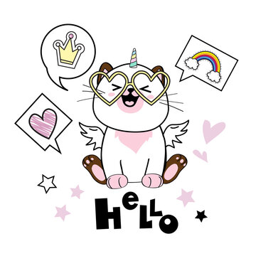 Beautiful white cat unicorn in glasses and with wings in the style of kawaii and the inscription hello on a white background. Card vector isolated for children